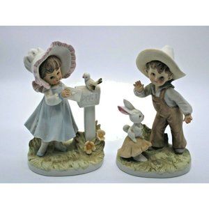 Vintage Lefton Kw230 Pair of Children Boy & Girl Porcelain Spring Bunny Figurine